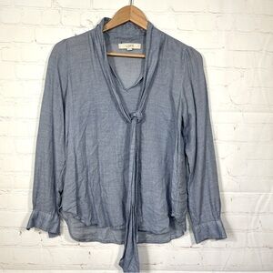 Loft Linen Blend Top Blouse Womens Size XS Blue Tie Front Long Sleeve V Neck